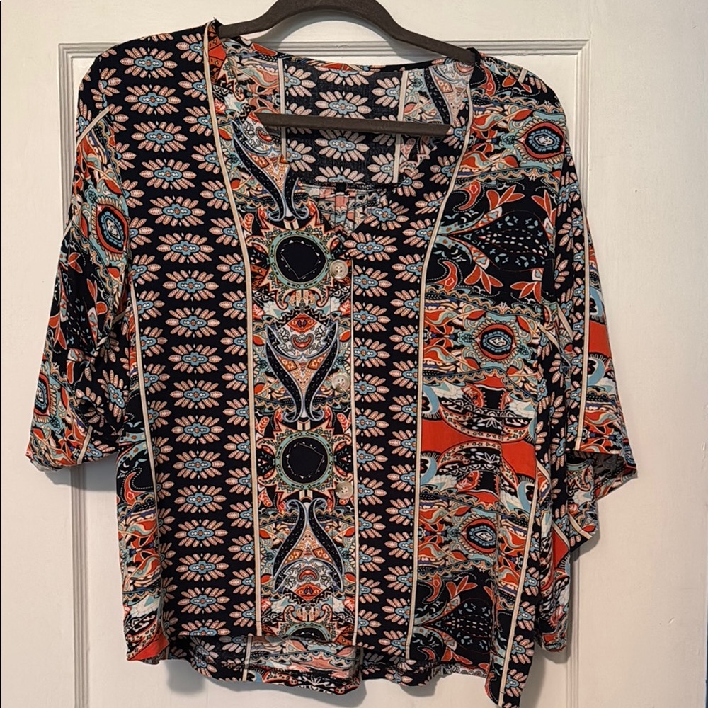 SHEIN Blue and White Graphic Blouse Relaxed Fit - Picture 2 of 4